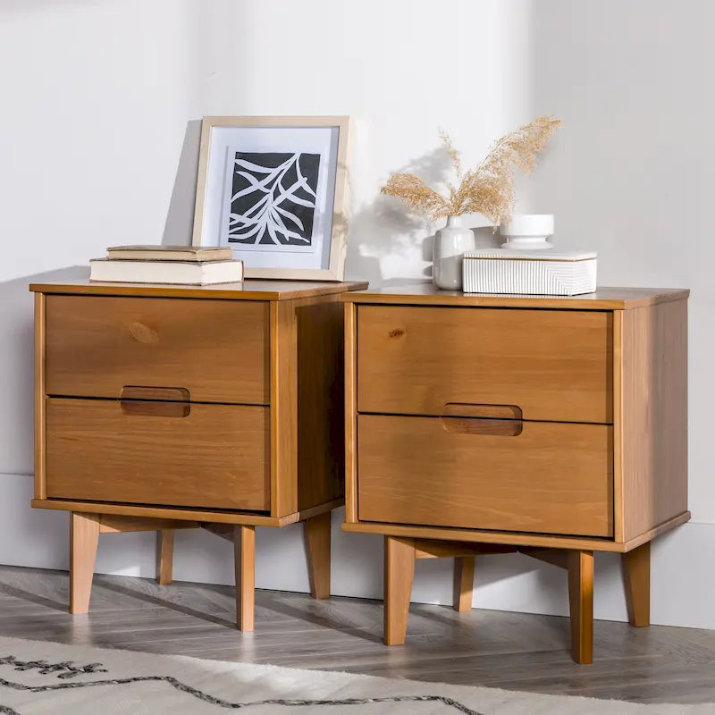 Table de chevet à 2 tiroirs en bois massif style Mid-Century