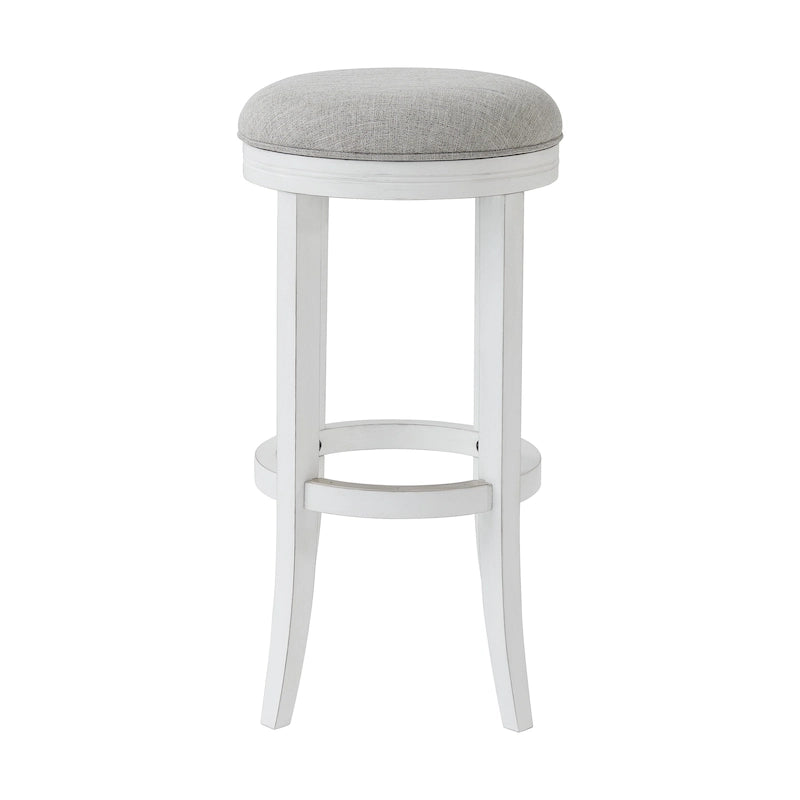 Tabouret de bar pivotant sans dossier en bois blanc avec siège en tissu gris