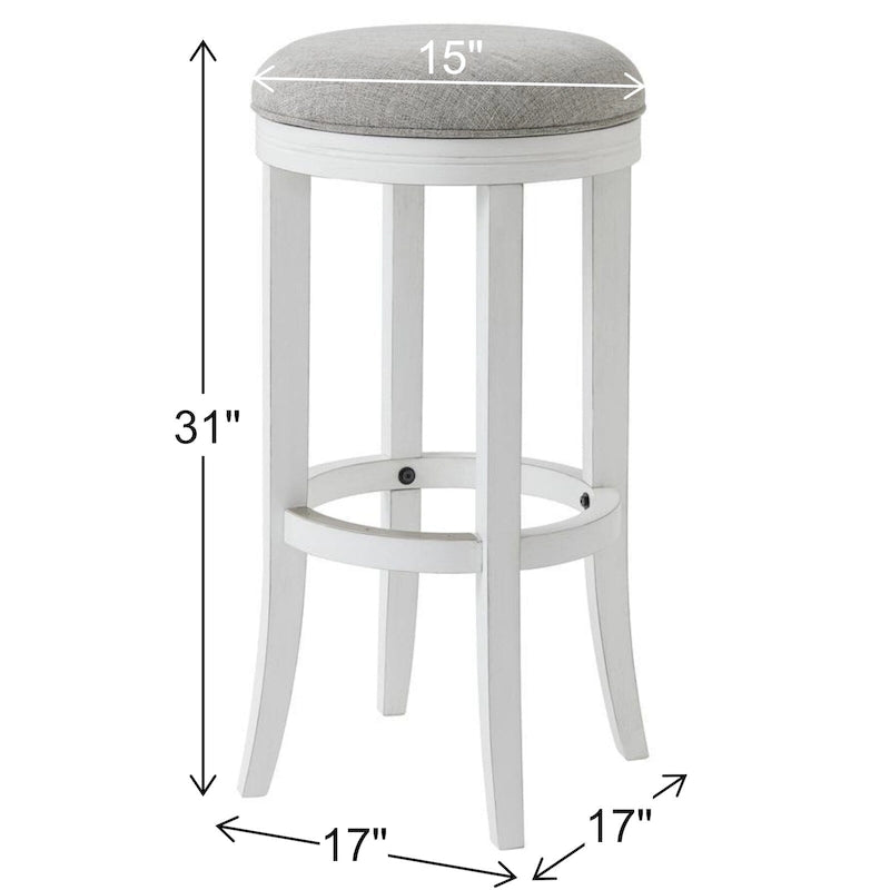 Tabouret de bar pivotant sans dossier en bois blanc avec siège en tissu gris