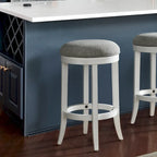 Tabouret de bar pivotant sans dossier en bois blanc avec siège en tissu gris
