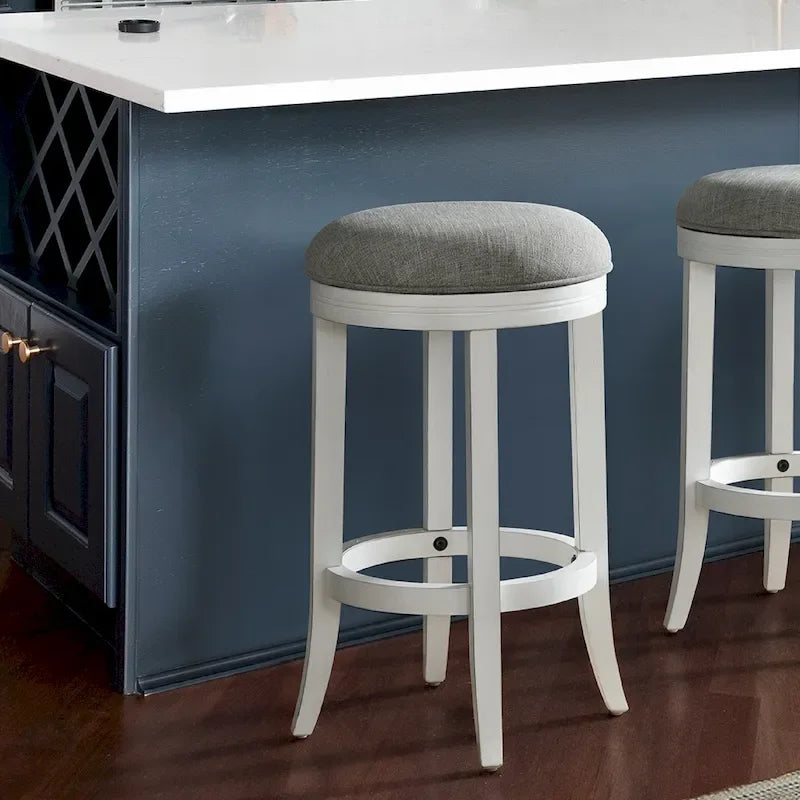 Tabouret de bar pivotant sans dossier en bois blanc avec siège en tissu gris