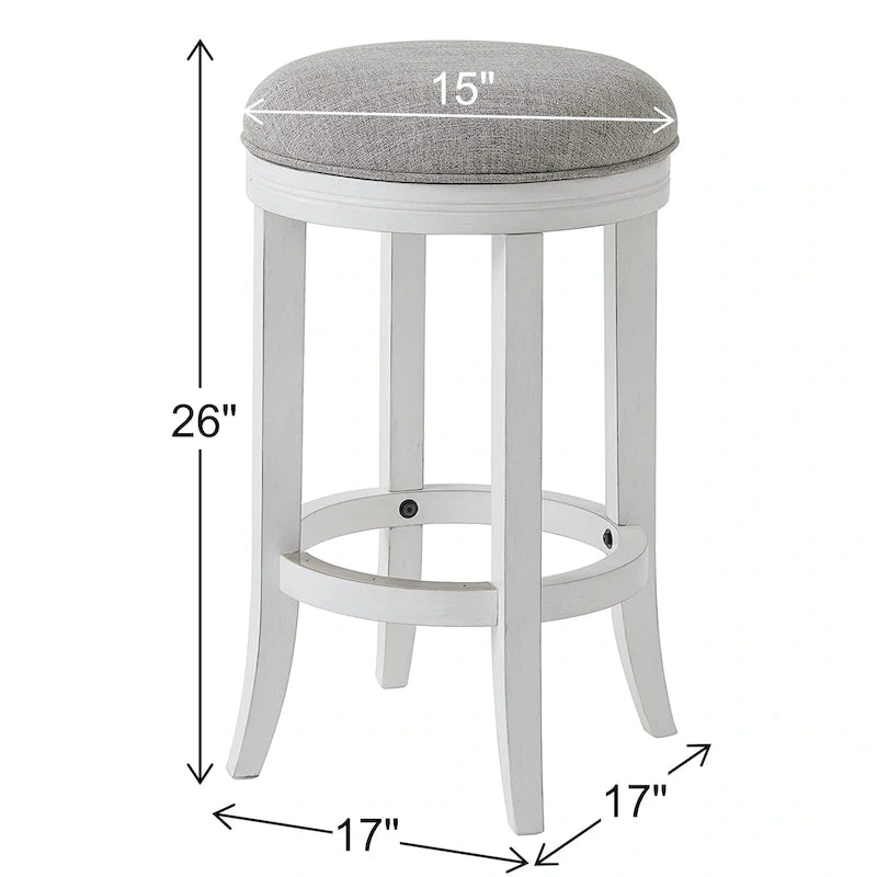 Tabouret de bar pivotant sans dossier en bois blanc avec siège en tissu gris