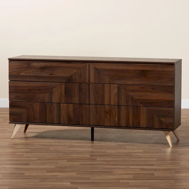 Commode à 6 tiroirs en bois de noyer marron, de style Mid-Century Modern