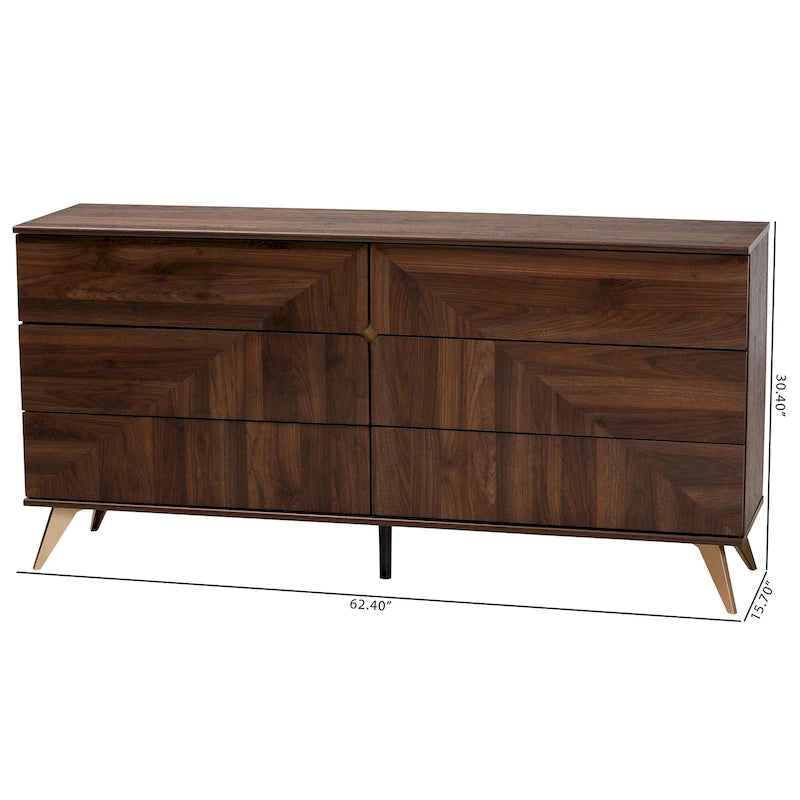 Commode à 6 tiroirs en bois de noyer marron, de style Mid-Century Modern