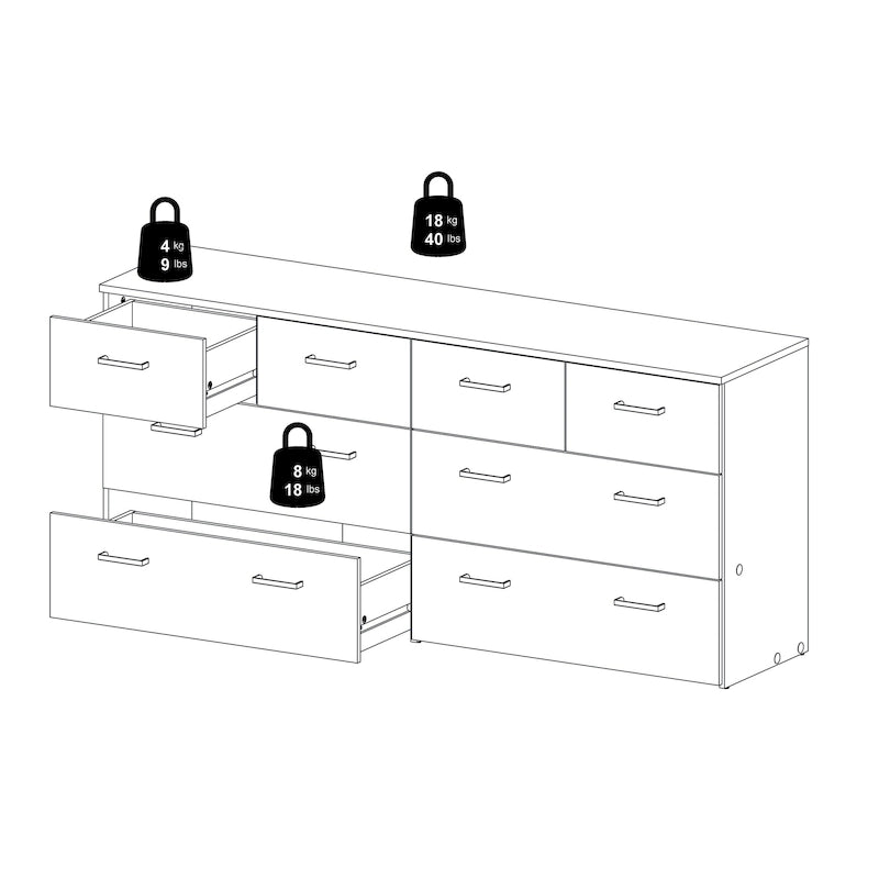 Commode double 8 tiroirs chêne et blanc