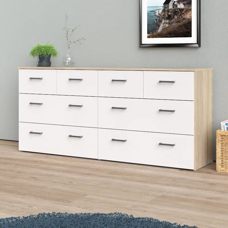 Commode double 8 tiroirs chêne et blanc