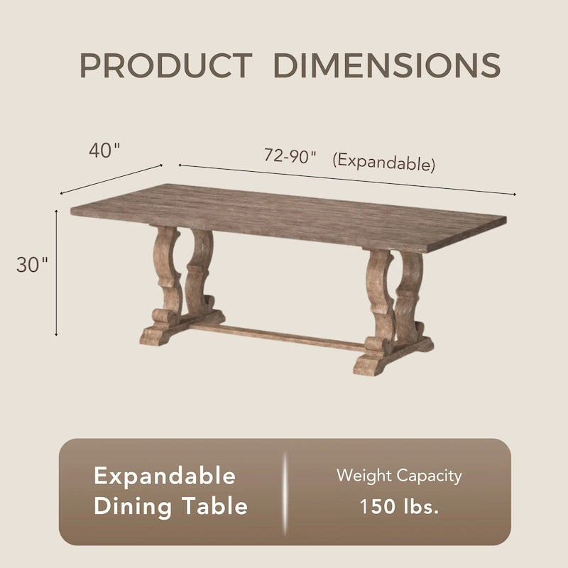 Table de salle à manger extensible rustique en bois de 90 pouces
