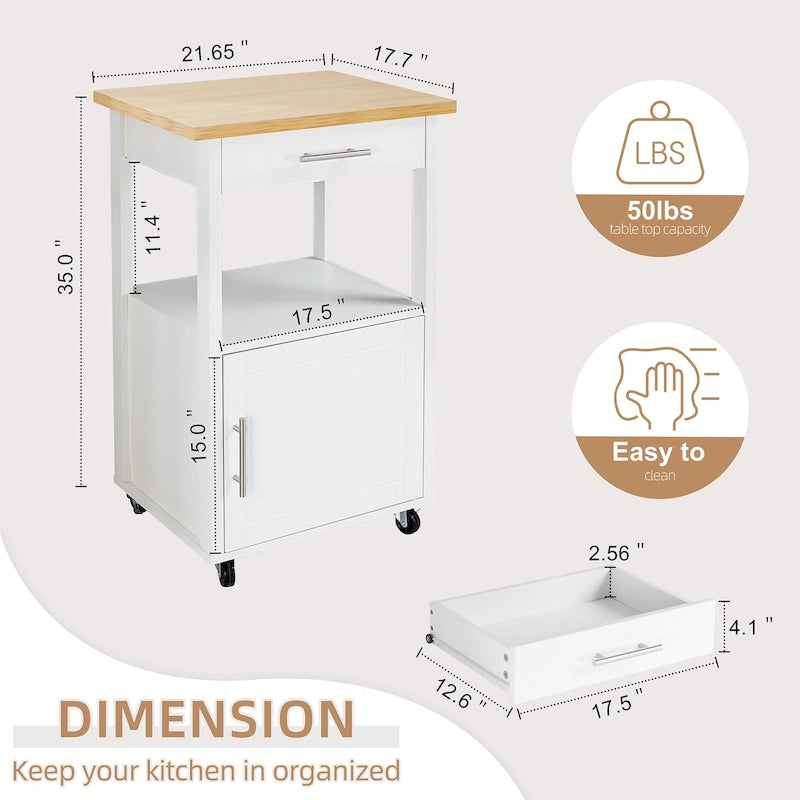 Îlot de cuisine roulant blanc avec rangement et plan de travail
