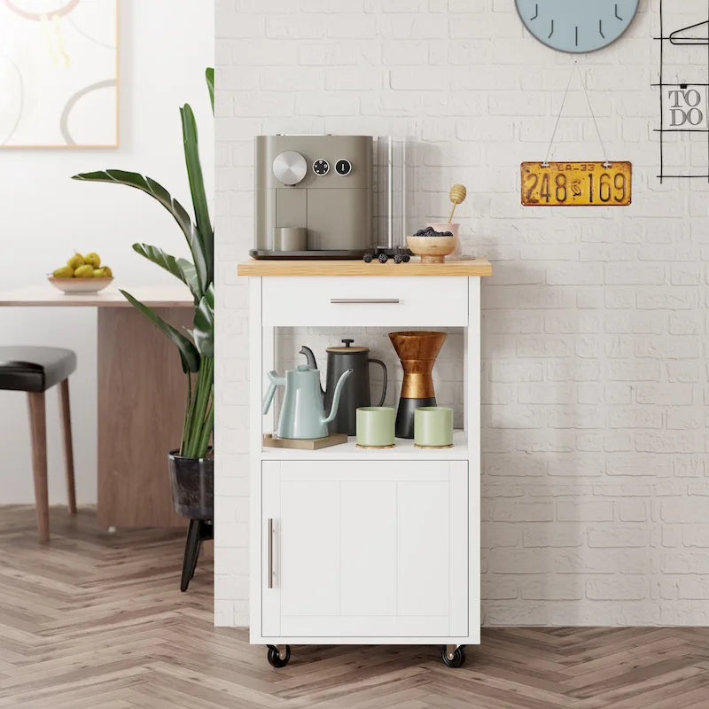 Îlot de cuisine roulant blanc avec rangement et plan de travail