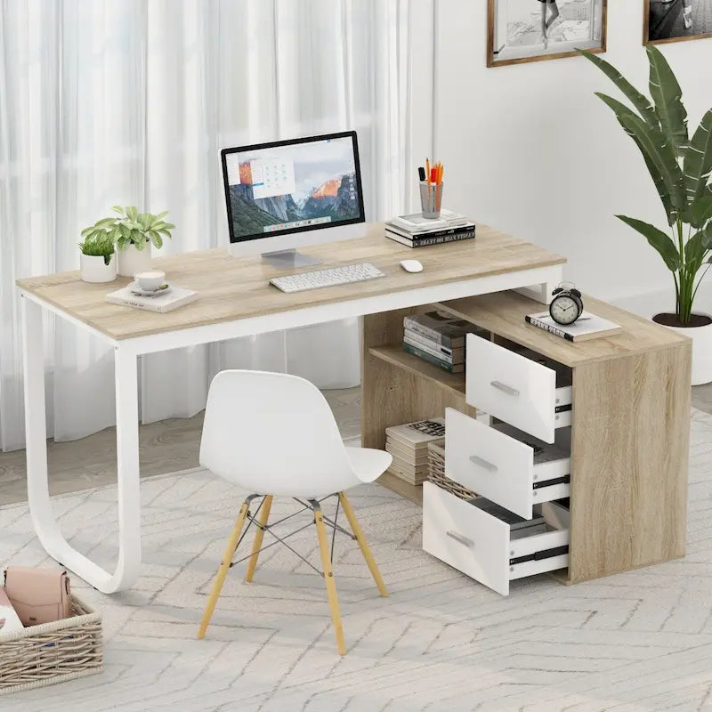 Bureau de direction en L avec 3 tiroirs pour la maison et le bureau