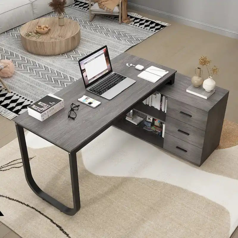 Bureau de direction en L avec 3 tiroirs pour la maison et le bureau