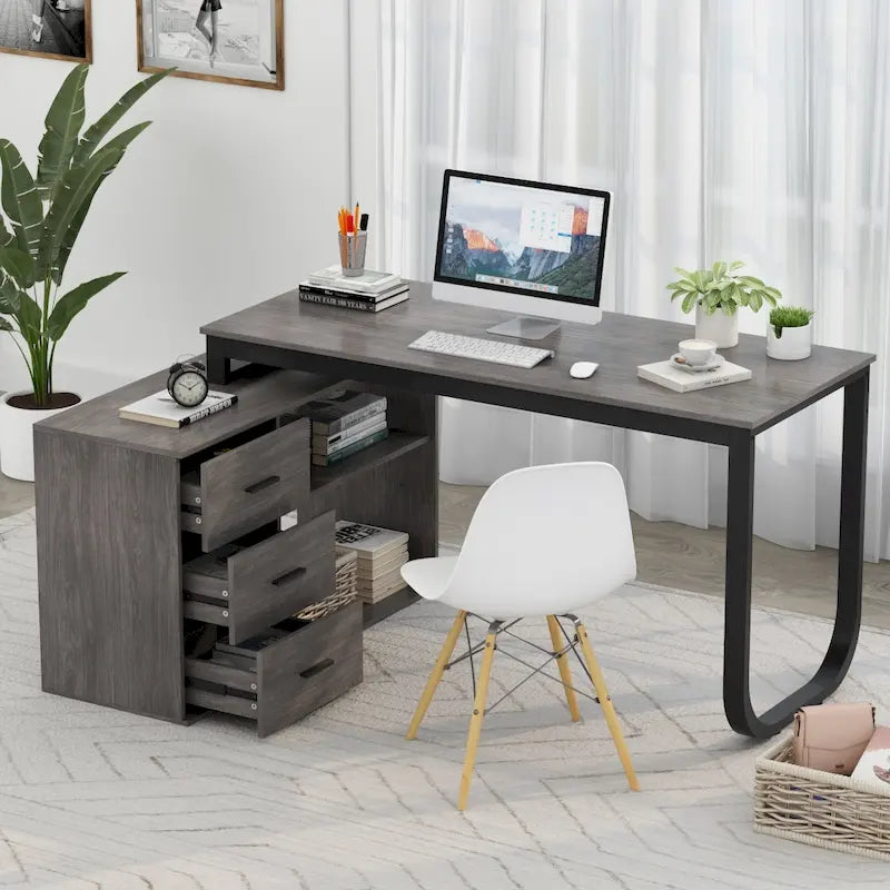 Bureau de direction en L avec 3 tiroirs pour la maison et le bureau