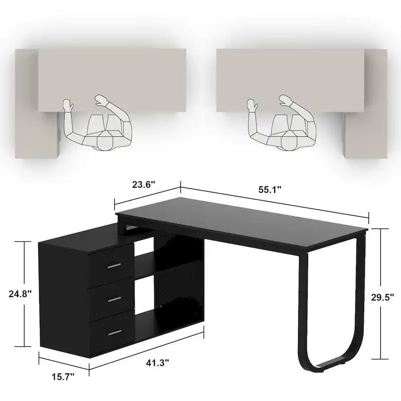 Bureau de direction en L avec 3 tiroirs pour la maison et le bureau