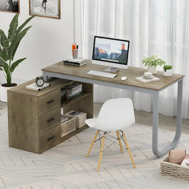 Bureau de direction en L avec 3 tiroirs pour la maison et le bureau