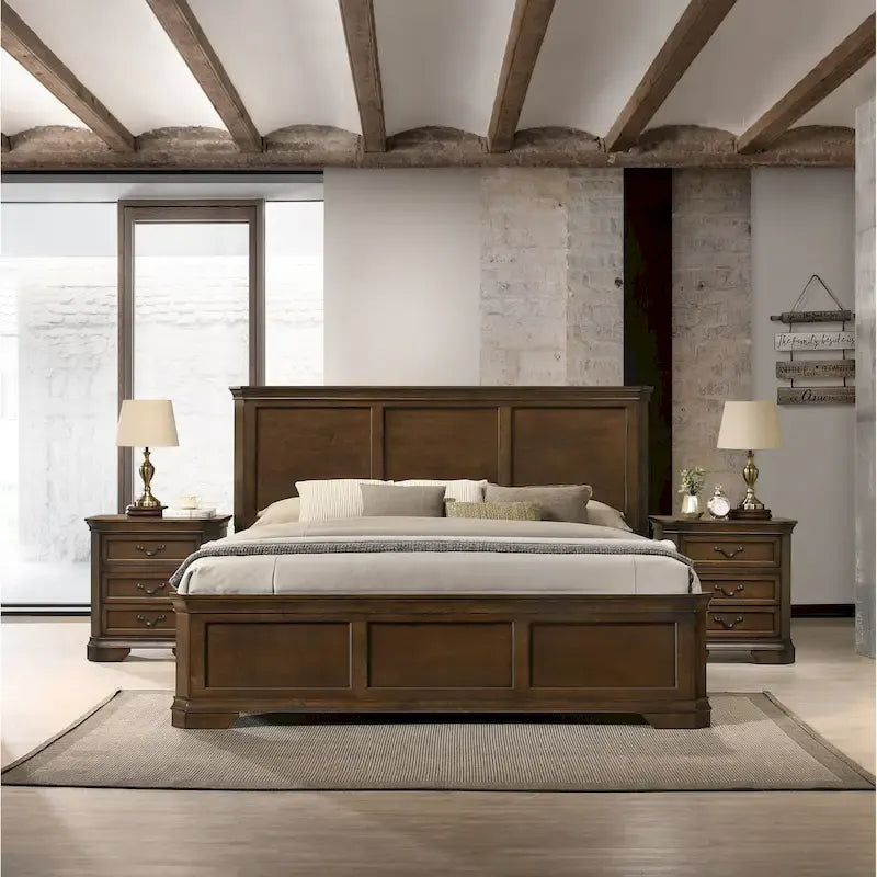 Roundhill Furniture Maderne 3-Piece Wood Bedroom Set, Panel Bed and Two Nightstands, Antique Walnut Finish