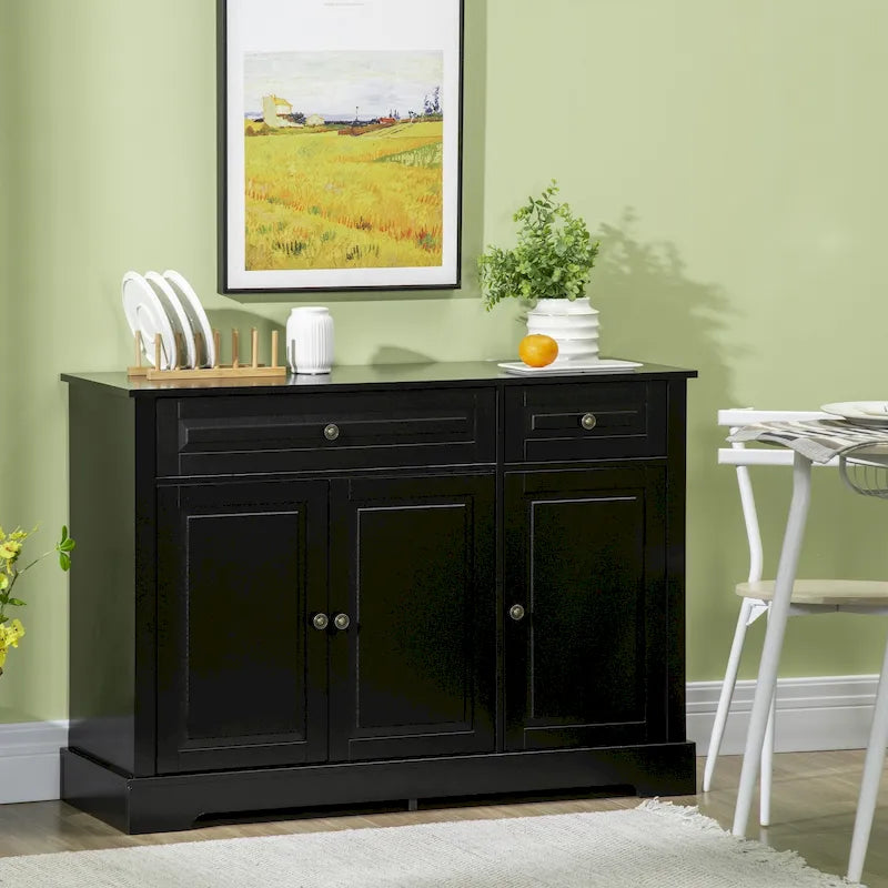 Buffet moderne noir avec 2 tiroirs et étagères réglables