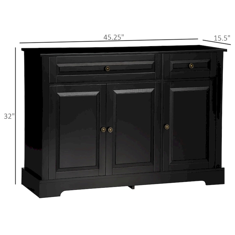 Buffet moderne noir avec 2 tiroirs et étagères réglables