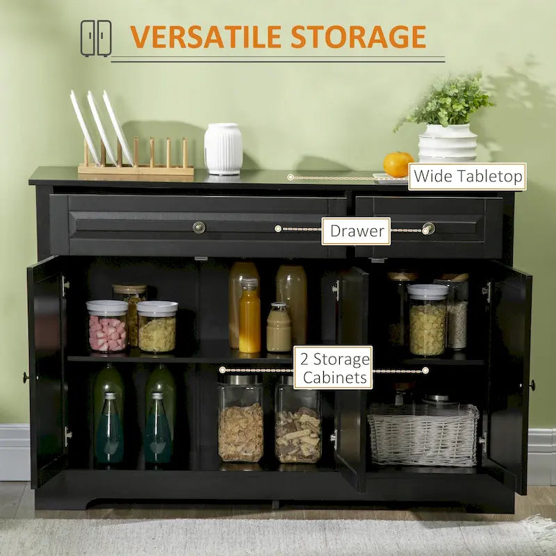 Buffet moderne noir avec 2 tiroirs et étagères réglables