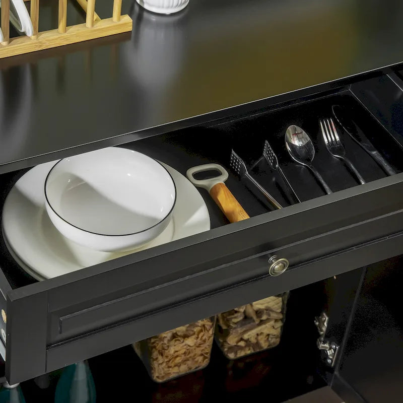 Buffet moderne noir avec 2 tiroirs et étagères réglables
