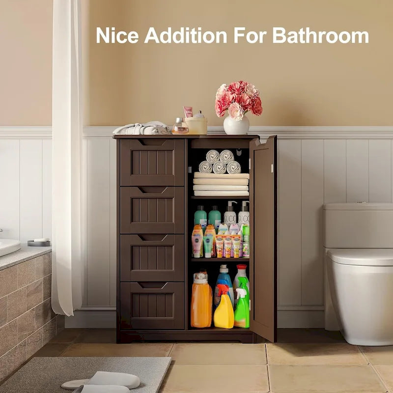 Meuble de rangement de salle de bain sur pied avec 4 tiroirs et une étagère réglable