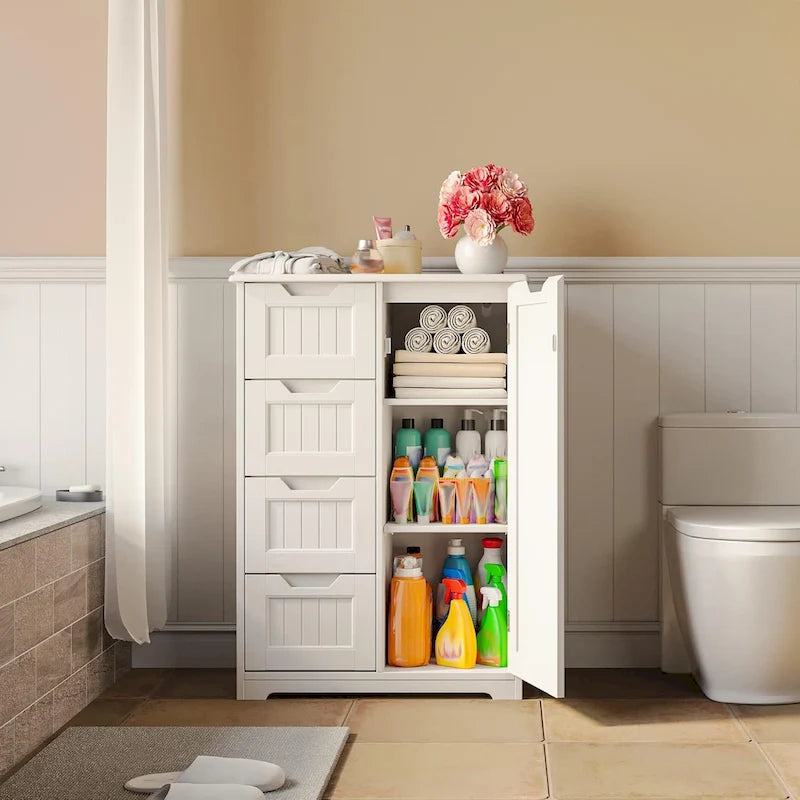 Meuble de rangement de salle de bain sur pied avec 4 tiroirs et une étagère réglable
