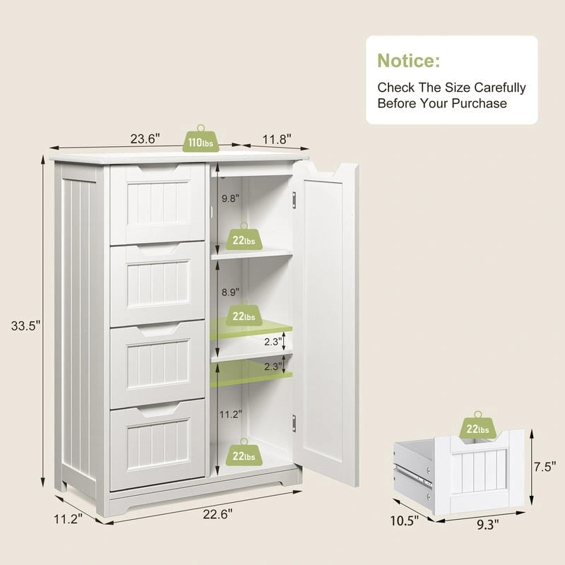 Meuble de rangement de salle de bain sur pied avec 4 tiroirs et une étagère réglable