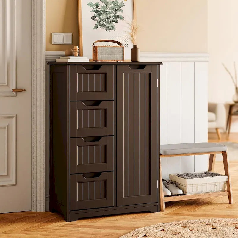 Meuble de rangement de salle de bain sur pied avec 4 tiroirs et une étagère réglable