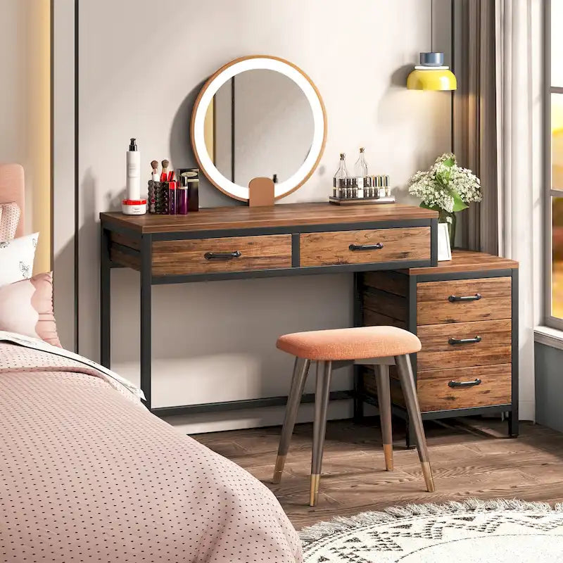 Bureau réversible avec 5 tiroirs, Bureau d'ordinateur de maison avec tiroir classeur et support d'imprimante