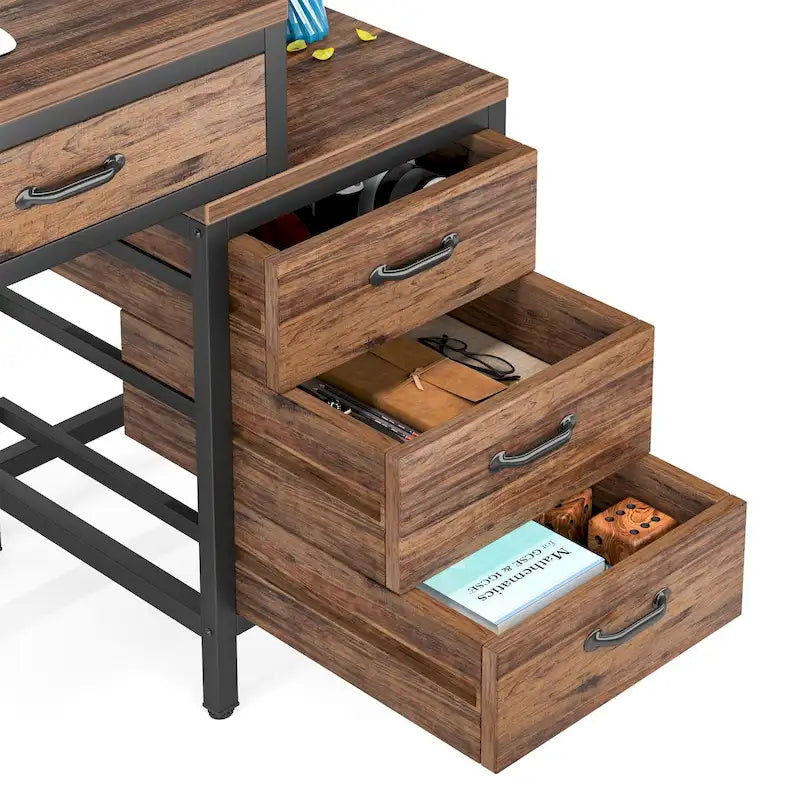 Bureau réversible avec 5 tiroirs, Bureau d'ordinateur de maison avec tiroir classeur et support d'imprimante