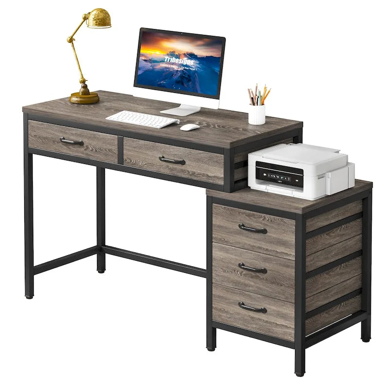 Bureau réversible avec 5 tiroirs, Bureau d'ordinateur de maison avec tiroir classeur et support d'imprimante