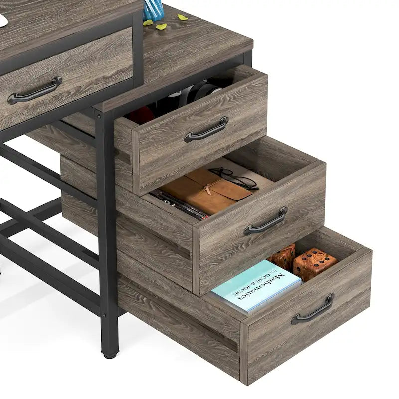 Bureau réversible avec 5 tiroirs, Bureau d'ordinateur de maison avec tiroir classeur et support d'imprimante