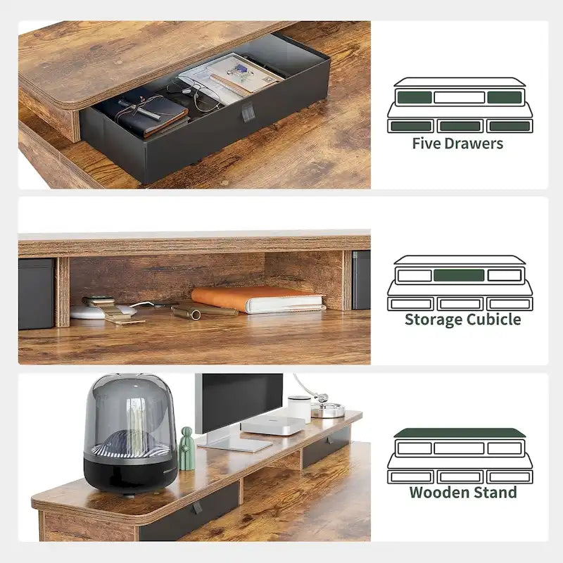 Bureau debout électrique réglable en hauteur avec 5 tiroirs et une étagère de rangement