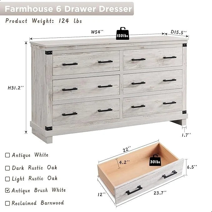 Commode de ferme à 6 tiroirs, commode en bois, commode de placard