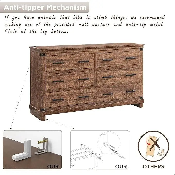 Commode de ferme à 6 tiroirs, commode en bois, commode de placard