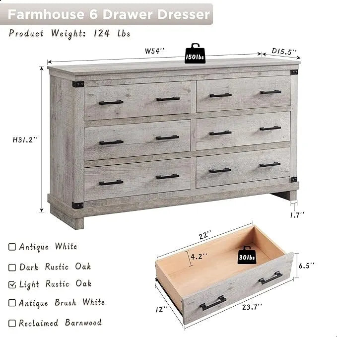 Commode de ferme à 6 tiroirs, commode en bois, commode de placard