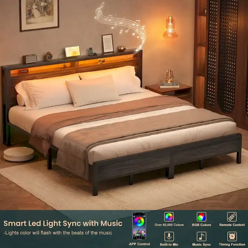 Cadre de lit plateforme en bois style ferme avec station de charge et lumières LED