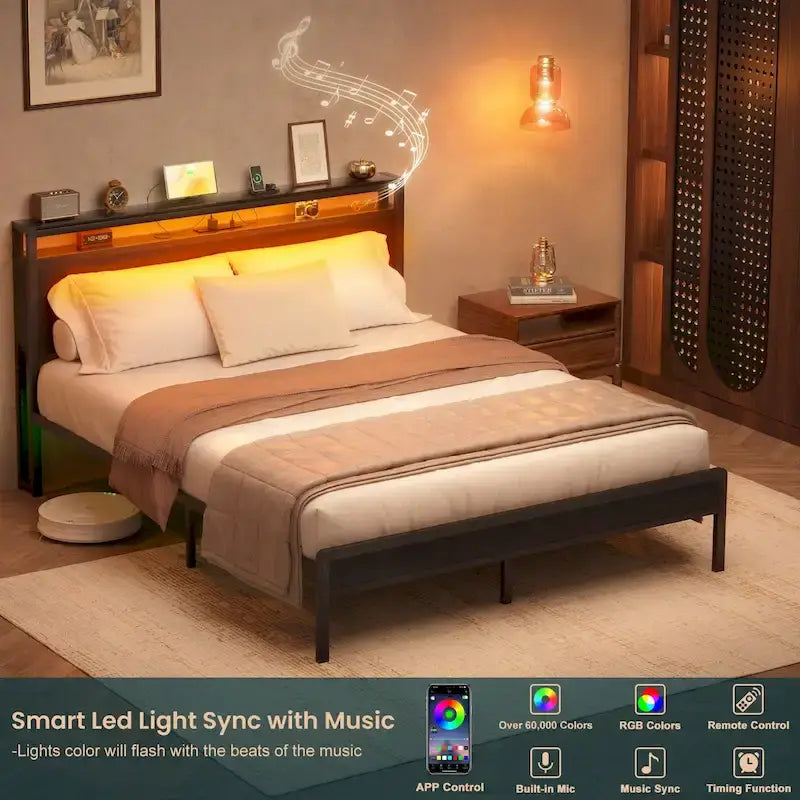 Cadre de lit plateforme en bois style ferme avec station de charge et lumières LED