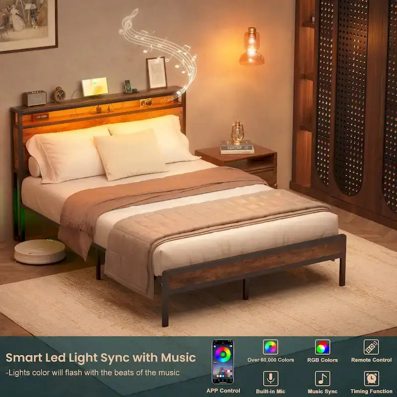 Cadre de lit plateforme en bois style ferme avec station de charge et lumières LED