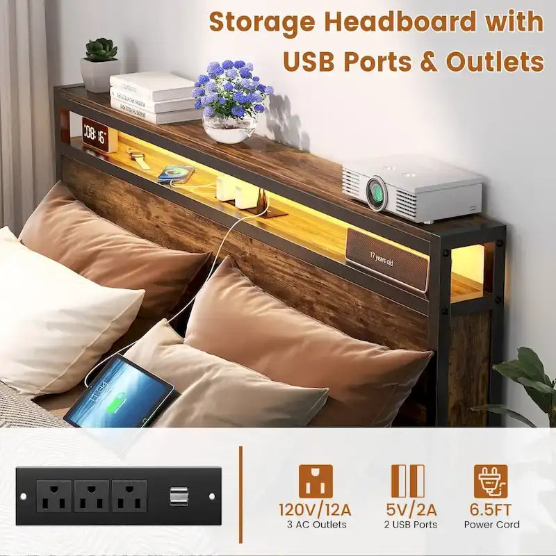 Cadre de lit plateforme en bois style ferme avec station de charge et lumières LED