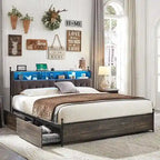 King Size Bed Frame with LED Lights, Charging Station and 4 Drawers