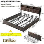 Cadre de lit King Size avec lumières LED, station de charge et 4 tiroirs