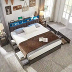 Cadre de lit King Size avec lumières LED, station de charge et 4 tiroirs