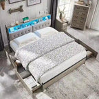 Cadre de lit King Size avec lumières LED, station de charge et 4 tiroirs