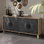 Porte sculptée à motif symétrique et cadre couleur bois pour meuble TV