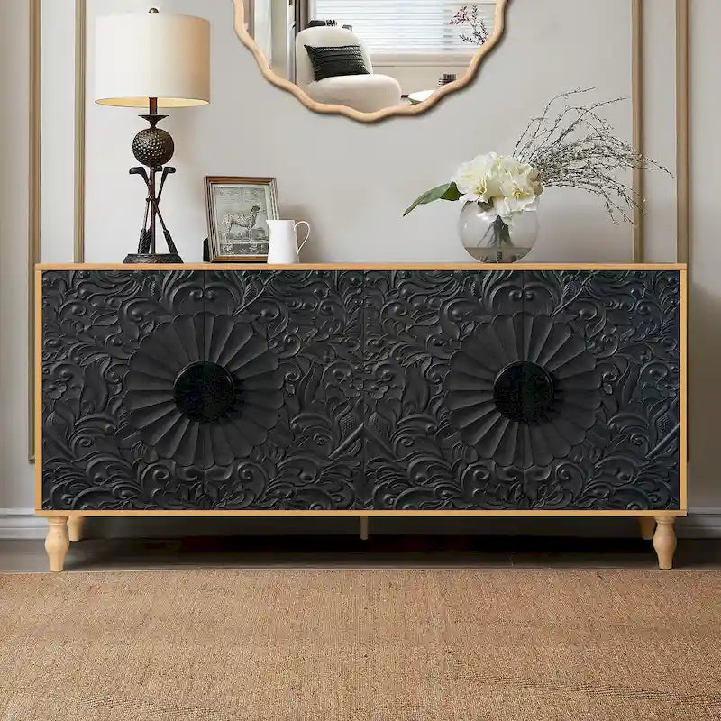 Porte sculptée à motif symétrique et cadre couleur bois pour meuble TV