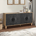 Porte sculptée à motif symétrique et cadre couleur bois pour meuble TV