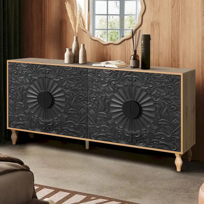 Porte sculptée à motif symétrique et cadre couleur bois pour meuble TV