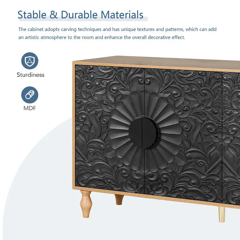 Porte sculptée à motif symétrique et cadre couleur bois pour meuble TV