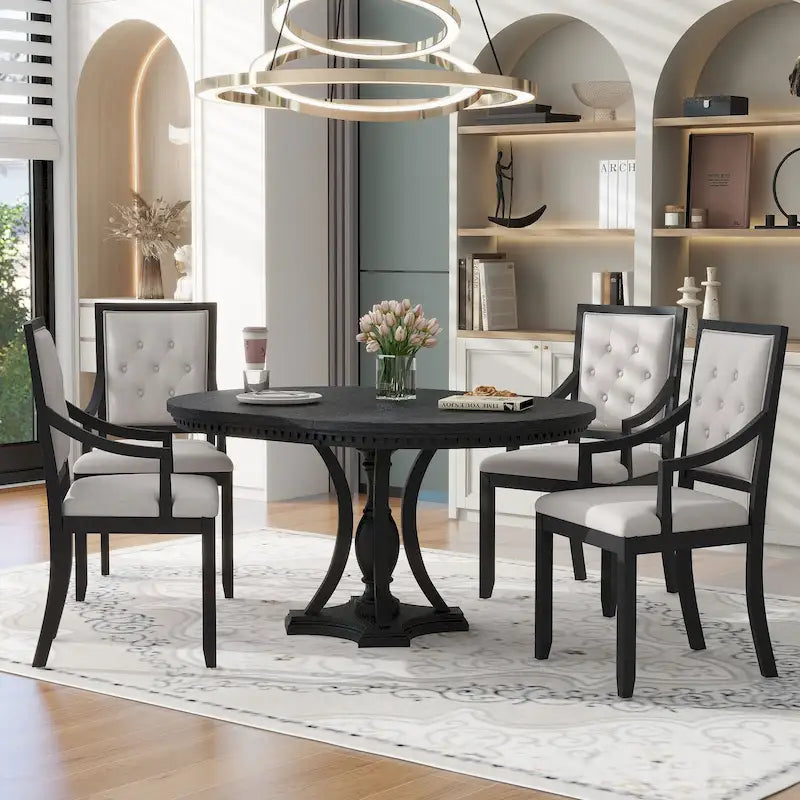Table à manger ronde extensible et chaises rétro