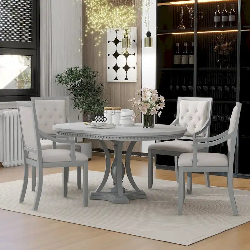 Table à manger ronde extensible et chaises rétro